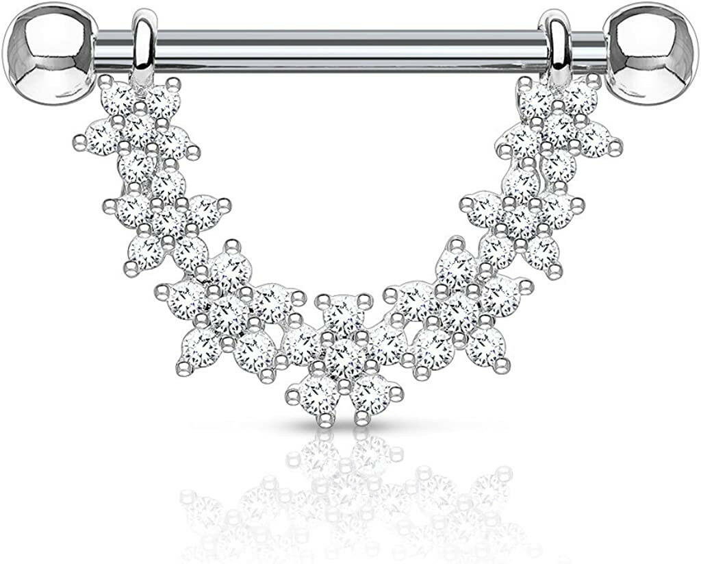 Surgical Steel CZ Paved Linked Flowers Dangle Nipple Shield Rings Nipple Ring Impulse Piercings Clear