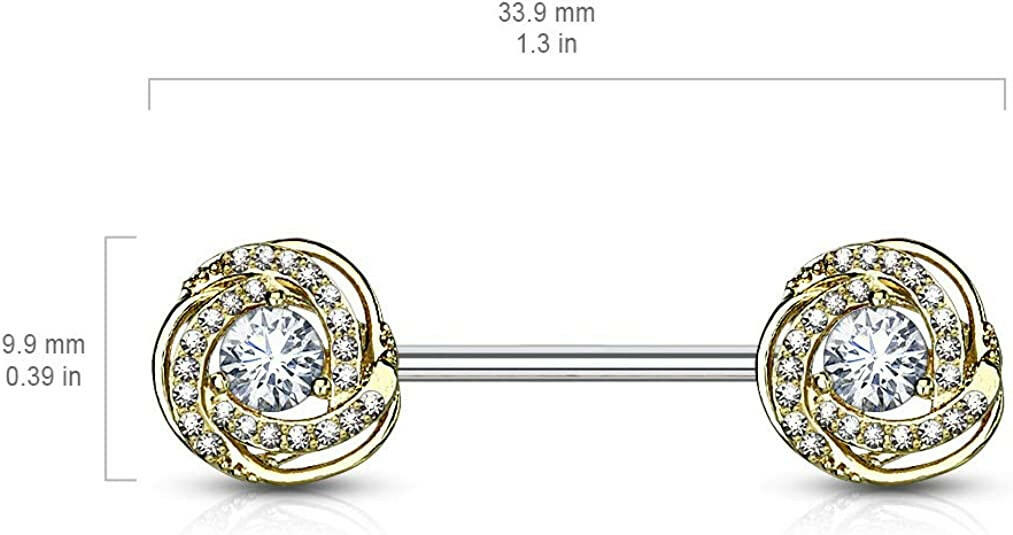 Surgical Steel CZ Paved with Round CZ Center Rose Blossom Ends Nipple Barbell Rings Nipple Ring Impulse Piercings