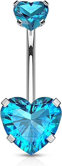 Surgical Steel CZ Top Double Heart Belly Navel Ring Navel Ring Skin Metals Aqua