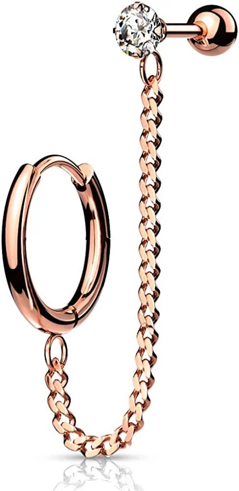 Surgical Steel CZ Top Round Clicker Hoop Earring and Chain Linked Cartilage Barbell Cartilage Impulse Piercings Rose Gold