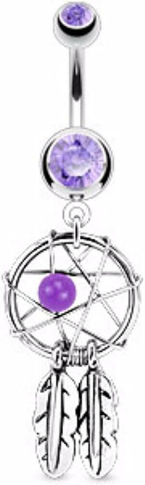 Surgical Steel Dream Catcher Woven Star Design with Bead and Feathers Fancy Belly Navel Ring Navel Ring Impulse Piercings Tanzanite