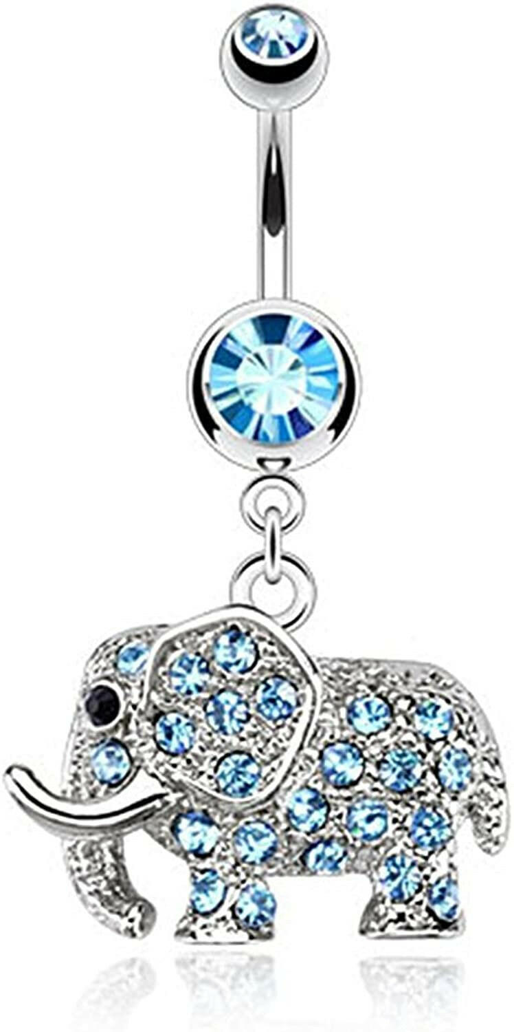 Surgical Steel Elephant Multi Paved CZs Dangle Belly Navel Ring Navel Ring Impulse Piercings Aqua