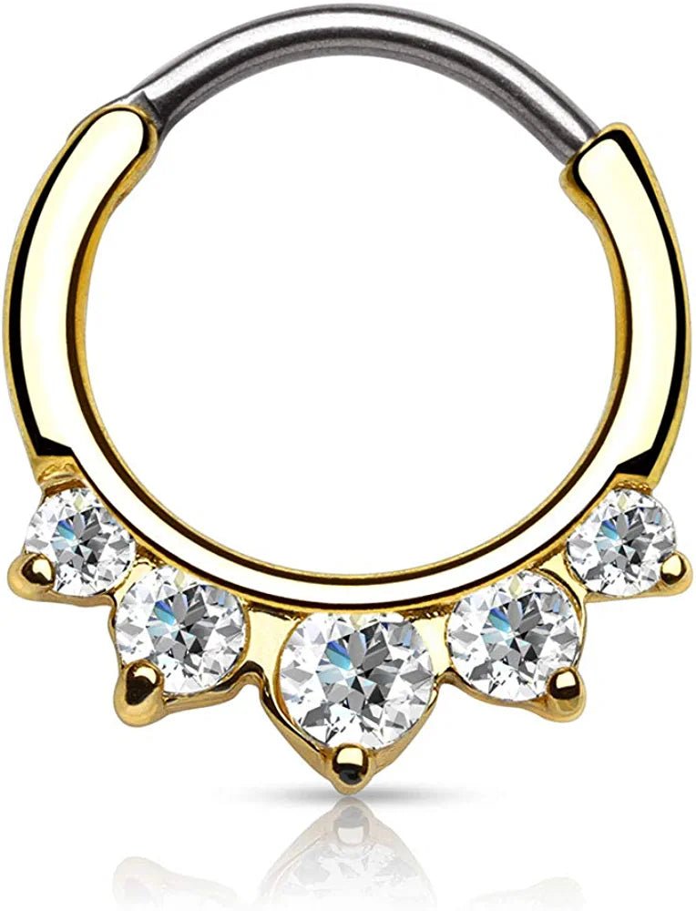 Surgical Steel Five CZ Round Top Nose Septum Ear Cartilage Clickers Rings Septum Ring Impulse Piercings Gold