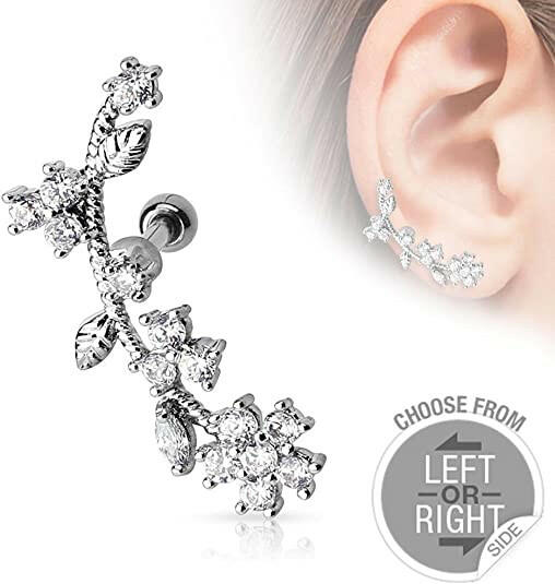 Surgical Steel Flower Vine with CZs Cartilage Tragus Barbells Cartilage Earring Impulse Piercings 16GA Length: 6mm Left Clear