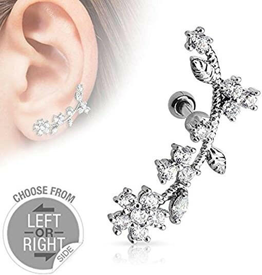 Surgical Steel Flower Vine with CZs Cartilage Tragus Barbells Cartilage Earring Impulse Piercings 16GA Length: 6mm Right Clear