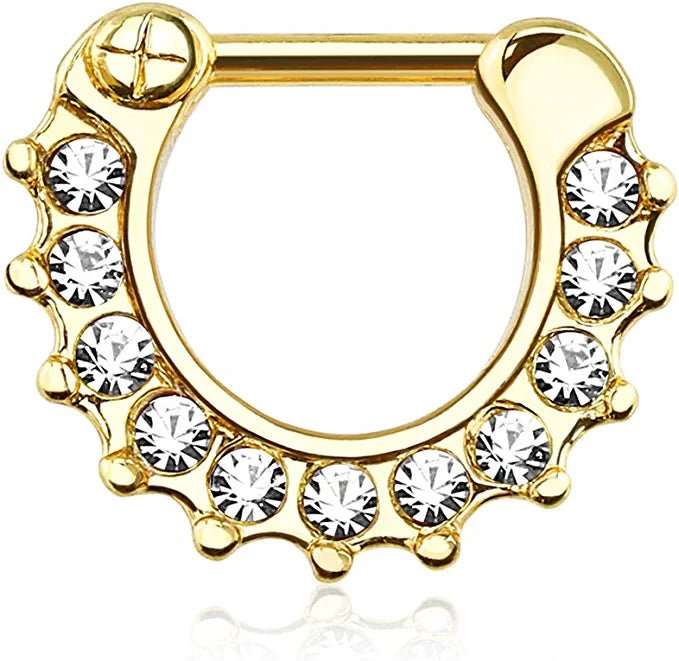 Surgical Steel Gem Paved Septum Clicker Ring Septum Ring Impulse Piercings 16GA Length: 6mm Gold
