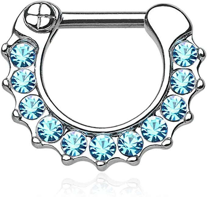 Surgical Steel Gem Paved Septum Clicker Ring Septum Ring Impulse Piercings 16GA Length: 6mm Aqua