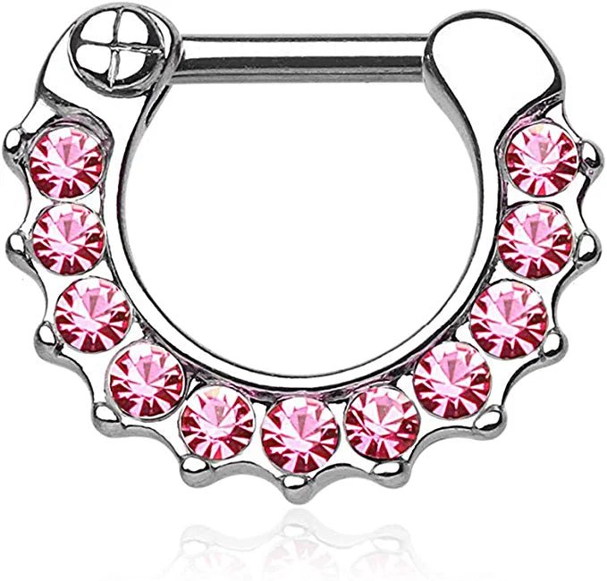 Surgical Steel Gem Paved Septum Clicker Ring Septum Ring Impulse Piercings 16GA Length: 6mm Pink