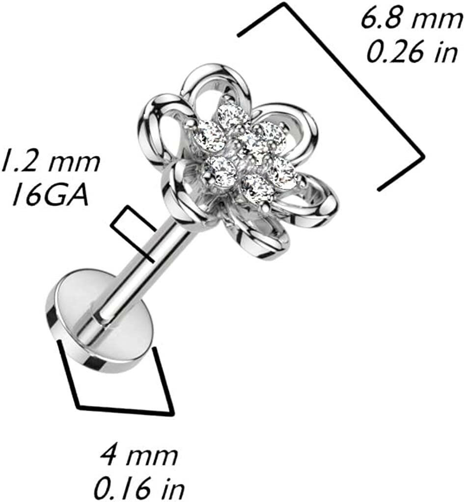 Surgical Steel Hollow Flower With CZ Center Labret Flat Back Stud Labret Impulse Piercings