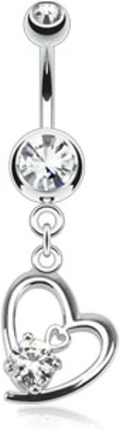 Surgical Steel Hollow Heart with Prong CZ Dangle Belly Navel Ring Navel Ring Impulse Piercings Clear