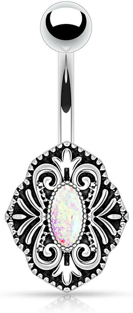 Surgical Steel Imitation Opal Glitter Centered Vintage Style Belly Navel Ring Navel Ring Impulse Piercings White