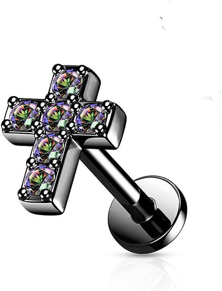 Surgical Steel Internally Threaded 6 CZ Cross Top Flat Back Stud for Labret Monroe Cartilage Labret Impulse Piercings 16GA Length: 6mm Black