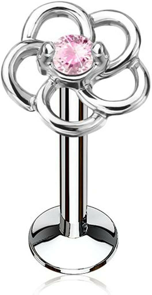 Surgical Steel Internally threaded CZ Centered Hollow Flower Top Labret Monroe Cartilage Studs Labret Impulse Piercings 16GA Length: 6mm Pink
