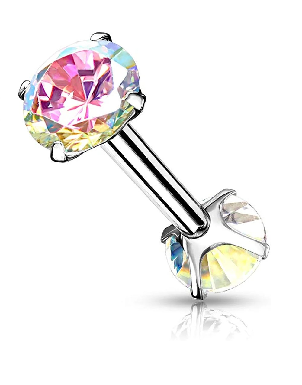 Surgical Steel Internally Threaded CZ On Both Ends Barbells Barbell Skin Metals 16GA Length: 8mm Aurora Borealis