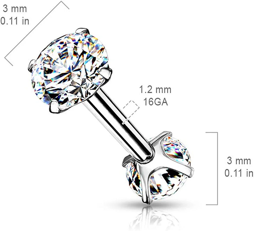 Surgical Steel Internally Threaded CZ On Both Ends Barbells Barbell Skin Metals