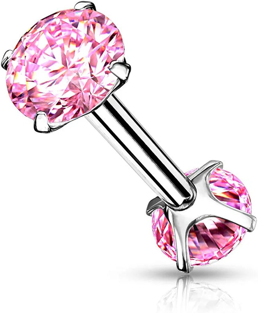 Surgical Steel Internally Threaded CZ On Both Ends Barbells Barbell Skin Metals 16GA Length: 8mm Pink