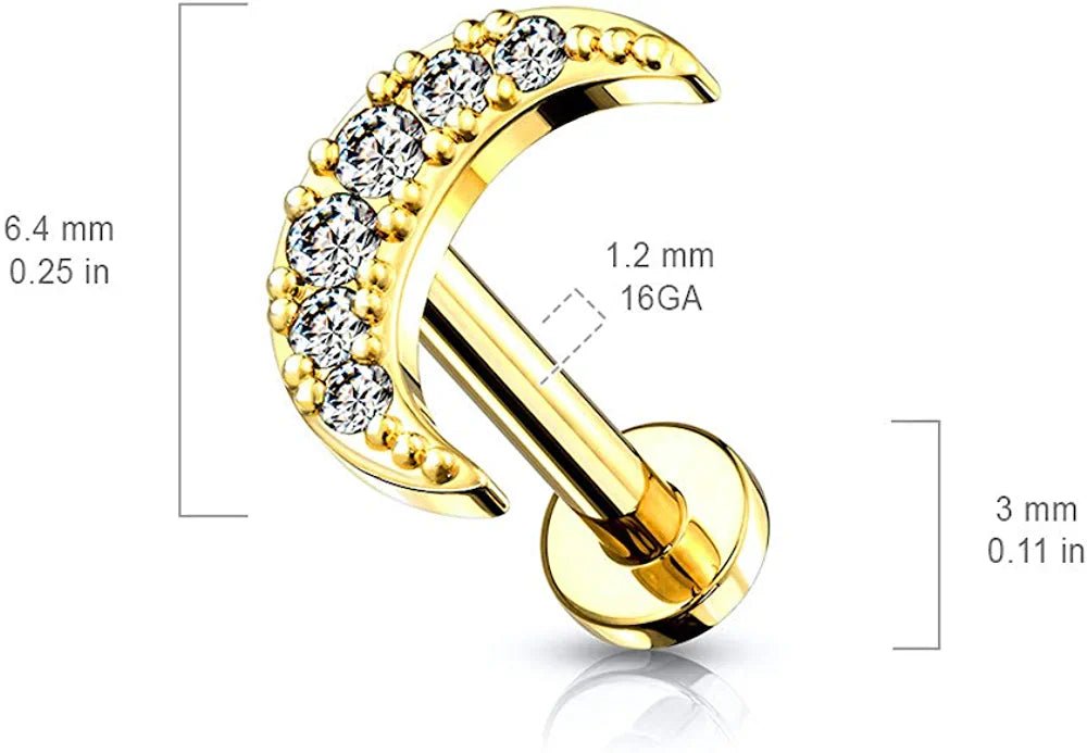 Surgical Steel Internally Threaded CZ Paved Crescent Moon Top on Flat Back Stud for Labret Monroe Cartilage Labret Impulse Piercings