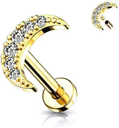 Surgical Steel Internally Threaded CZ Paved Crescent Moon Top on Flat Back Stud for Labret Monroe Cartilage Labret Impulse Piercings 16GA Length: 6mm Gold