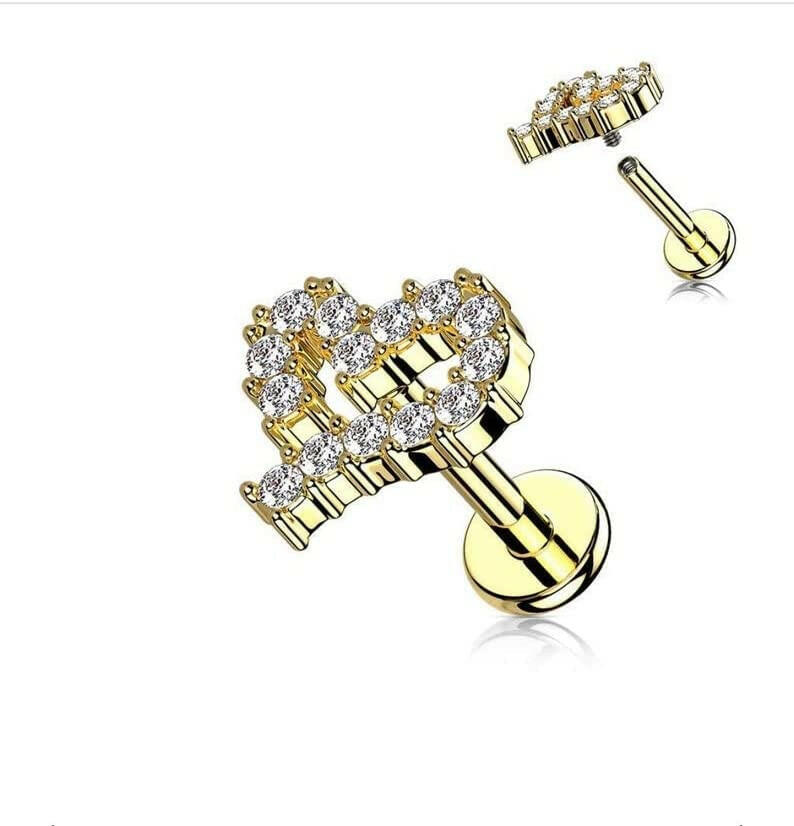 Surgical Steel Internally Threaded CZ Paved Heart Top Flat Back Stud for Labret Monroe Cartilage Labret Impulse Piercings 16GA Length: 6mm Gold