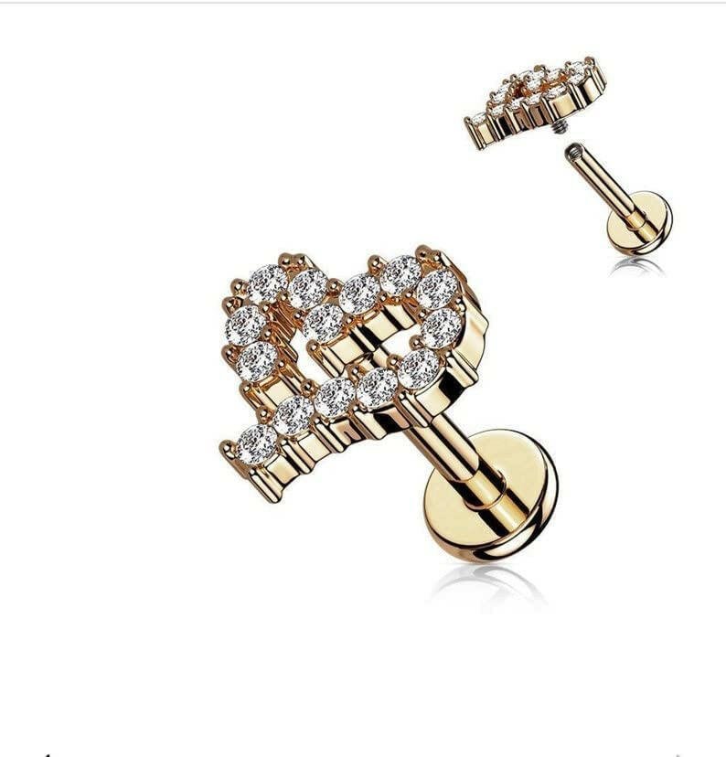 Surgical Steel Internally Threaded CZ Paved Heart Top Flat Back Stud for Labret Monroe Cartilage Labret Impulse Piercings 16GA Length: 6mm Rose Gold