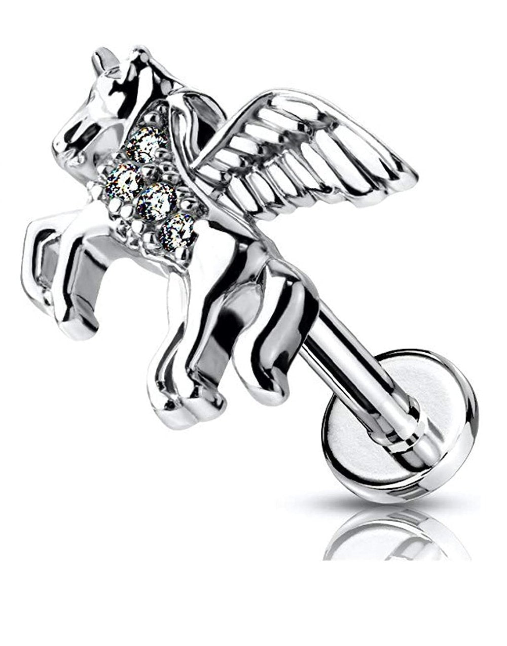 Surgical Steel Internally Threaded CZ Paved Unicorn on Flat Back Stud for Labret Monroe Cartilage Labret Impulse Piercings 16GA Length: 6mm Steel