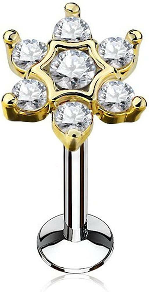 Surgical Steel Internally threaded CZ Square Top Labret Monroe Cartilage Studs Labret Impulse Piercings 16GA Length: 6mm Gold