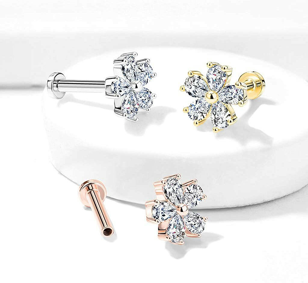 Surgical Steel Internally Threaded Five Pear CZ Petal Flower Flat Back Studs for Labret Monroe Ear Cartilage Labret Impulse Piercings