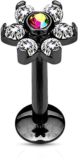 Surgical Steel Internally Threaded IP Over All 6-Gem Flower Top Labret Monroe Cartilage Studs Labret Impulse Piercings 16GA Length: 6mm Black