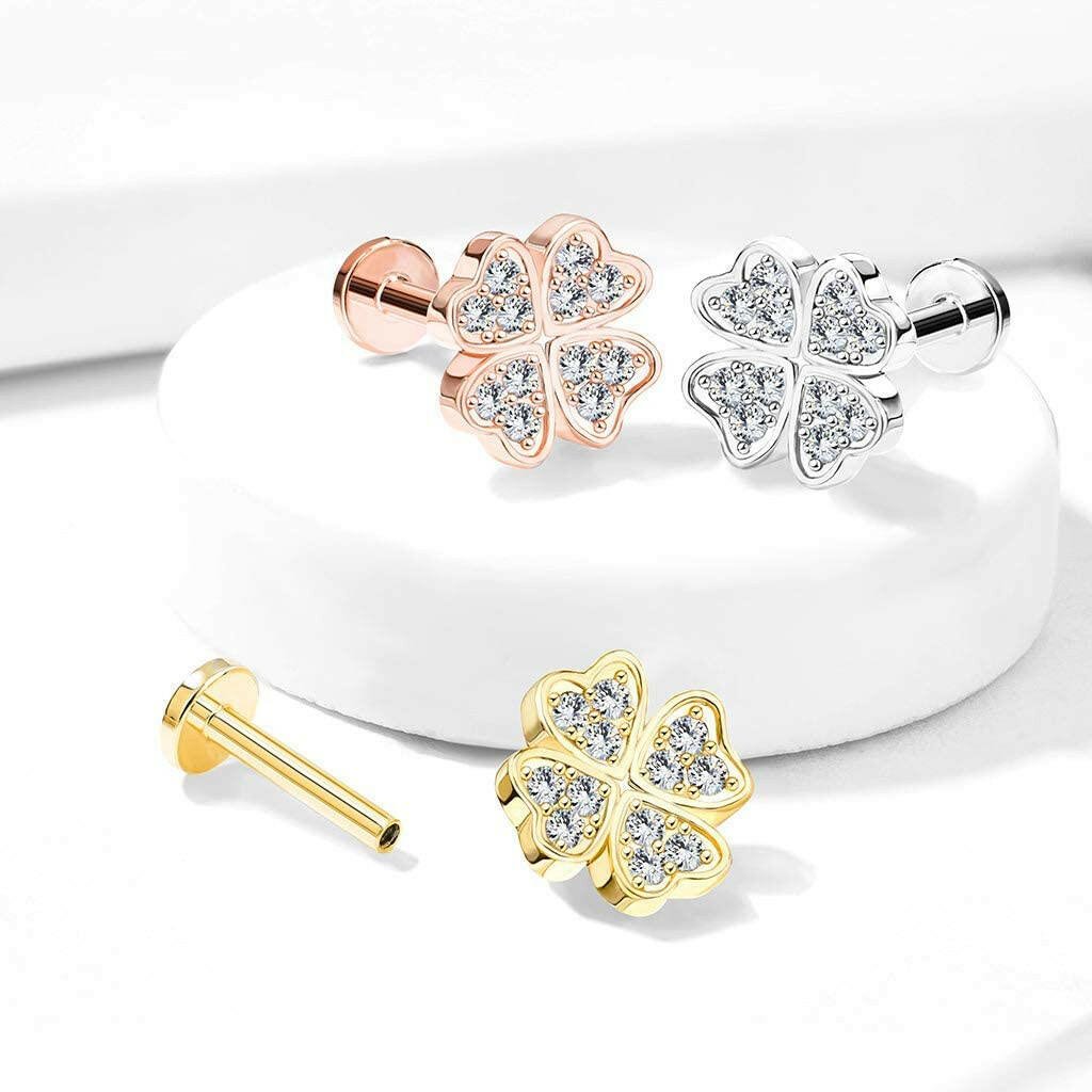 Surgical Steel Internally Threaded Micro CZ Paved Shamrock Top Flat Back Studs for Labret Monroe Ear Cartilage Labret Impulse Piercings