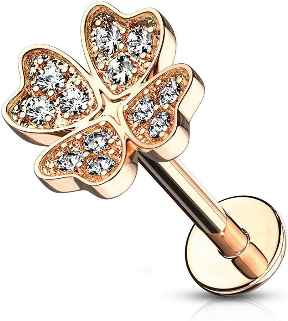Surgical Steel Internally Threaded Micro CZ Paved Shamrock Top Flat Back Studs for Labret Monroe Ear Cartilage Labret Impulse Piercings 16GA Length: 6mm Rose