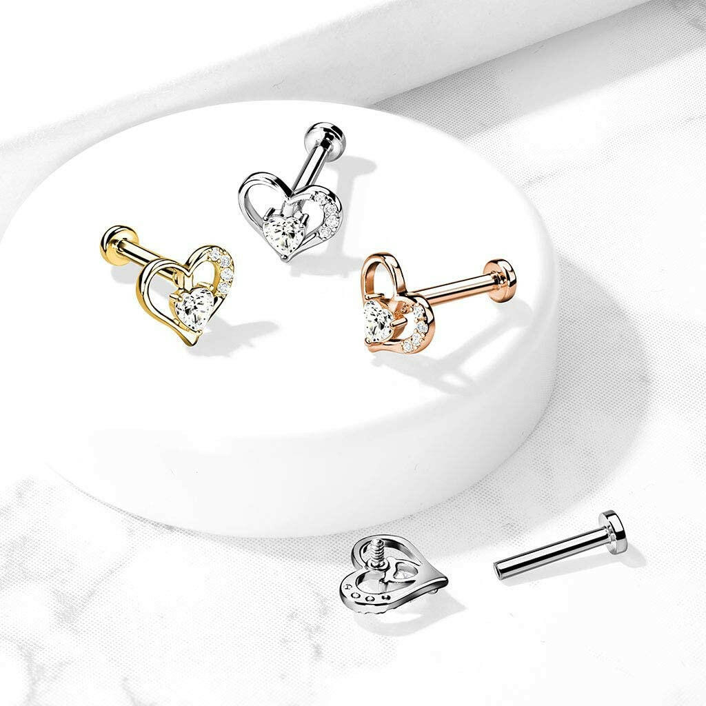 Surgical Steel Internally Threaded Paved Heart Contour with Heart CZ Solitaire on Flat Back Stud for Labret Monroe Cartilage Labret Impulse Piercings