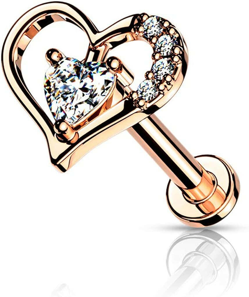 Surgical Steel Internally Threaded Paved Heart Contour with Heart CZ Solitaire on Flat Back Stud for Labret Monroe Cartilage Labret Impulse Piercings 16GA Length: 6mm Rose Gold