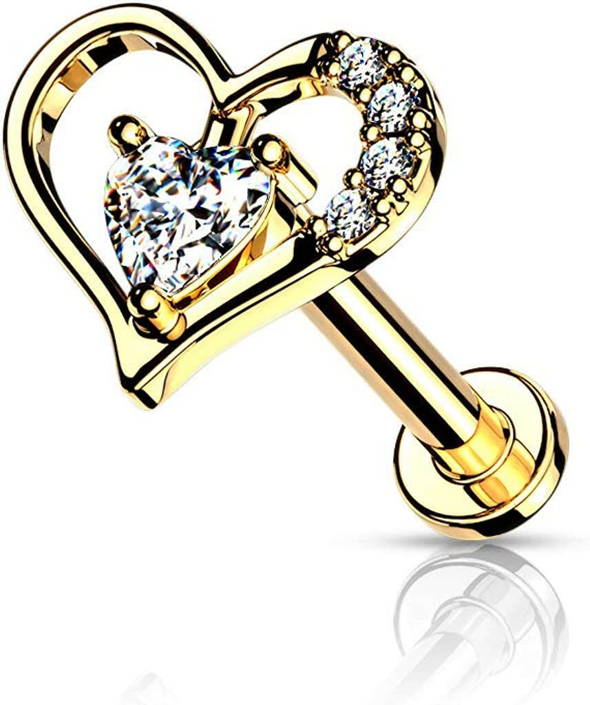 Surgical Steel Internally Threaded Paved Heart Contour with Heart CZ Solitaire on Flat Back Stud for Labret Monroe Cartilage Labret Impulse Piercings 16GA Length: 6mm Gold