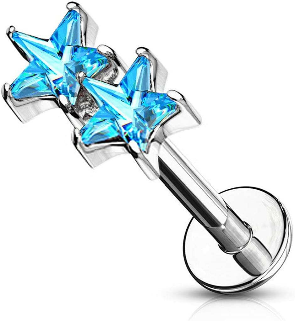 Surgical Steel Internally Threaded Twin CZ Star Top Flat Back Studs for Labret Monroe Ear Cartilage Labret Impulse Piercings 16GA Length: 6mm Aqua