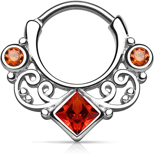 Surgical Steel Lace Swirl Gem with Square CZ Center Septum Clicker Septum Ring Impulse Piercings Red