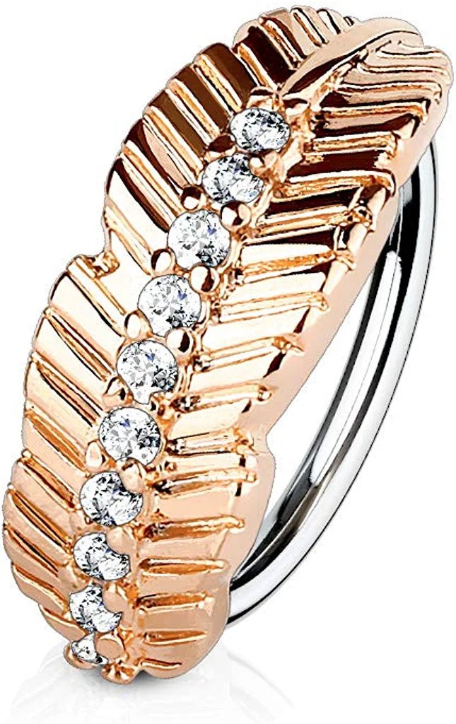 Surgical Steel Leaf Design with CZ Paved Center Nose Cartilage Hoop Rings Nose Ring Impulse Piercings Rose Gold