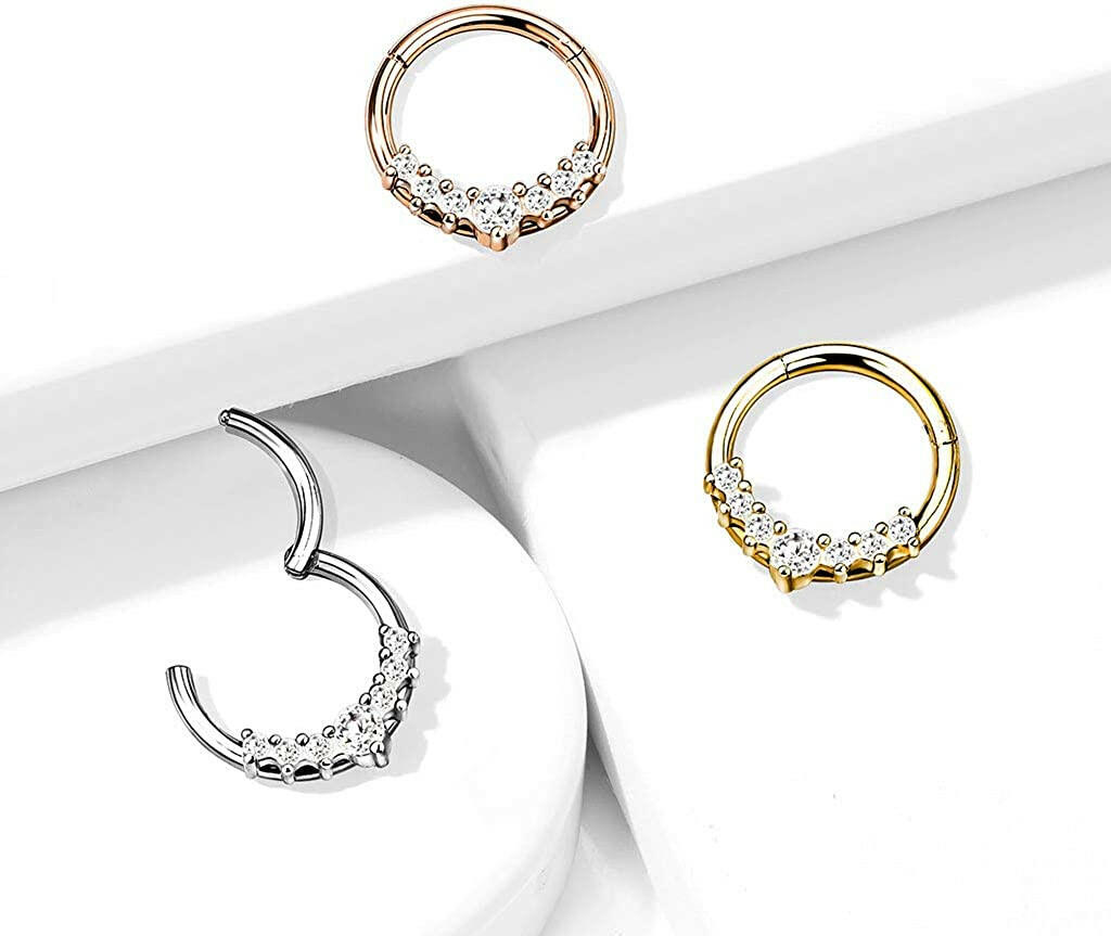 Surgical Steel Lined CZ Fan Hinged Segment Hoop Ring Nose Ring, cartilage ring Impulse Piercings