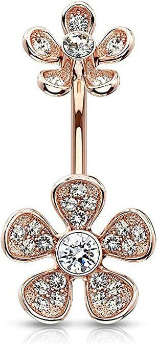 Surgical Steel Micro CZ Paved Flower with Flower Top Belly Navel Ring Navel Ring Impulse Piercings Rose Gold