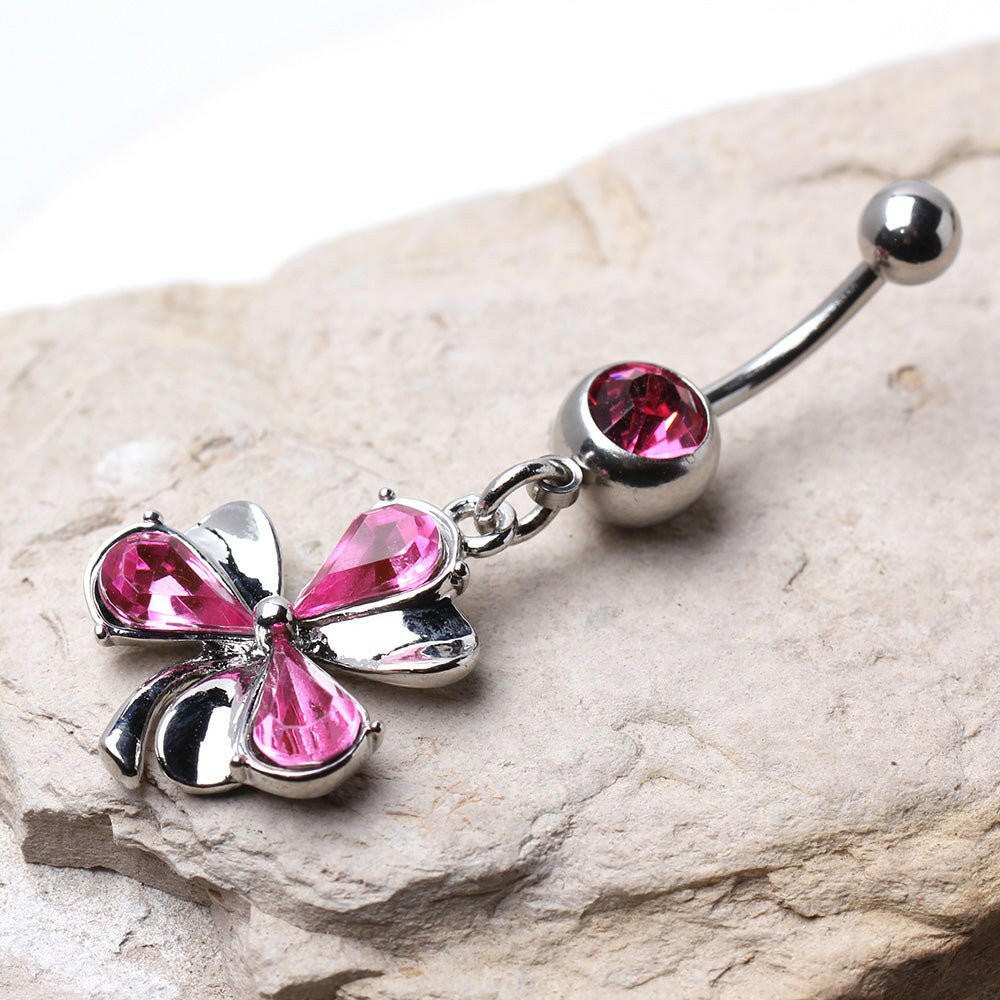 Surgical Steel Navel Ring with Clover Leaf Shaped Dangle