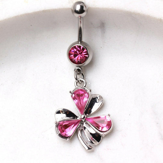 Surgical Steel Navel Ring with Clover Leaf Shaped Dangle