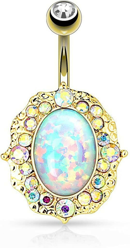 Surgical Steel Opal Center with AB Crystals Belly Navel Ring Navel Ring Impulse Piercings Gold