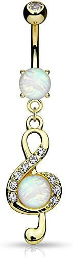 Surgical Steel Opal Glitter Center Crystal Paved Clef Dangle Belly Navel Ring Navel Ring Impulse Piercings Gold