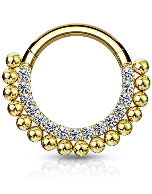 Surgical Steel Paved CZ and Balls Hinged Segment Hoop Ring Nose Ring, cartilage ring Impulse Piercings 16GA Length: 6mm Gold