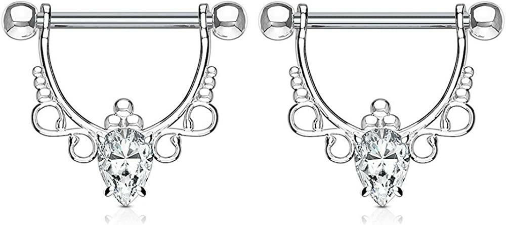 Surgical Steel Pear CZ Center with Infinite Filigree Dangle Nipple Shield Rings Nipple Ring Impulse Piercings Clear