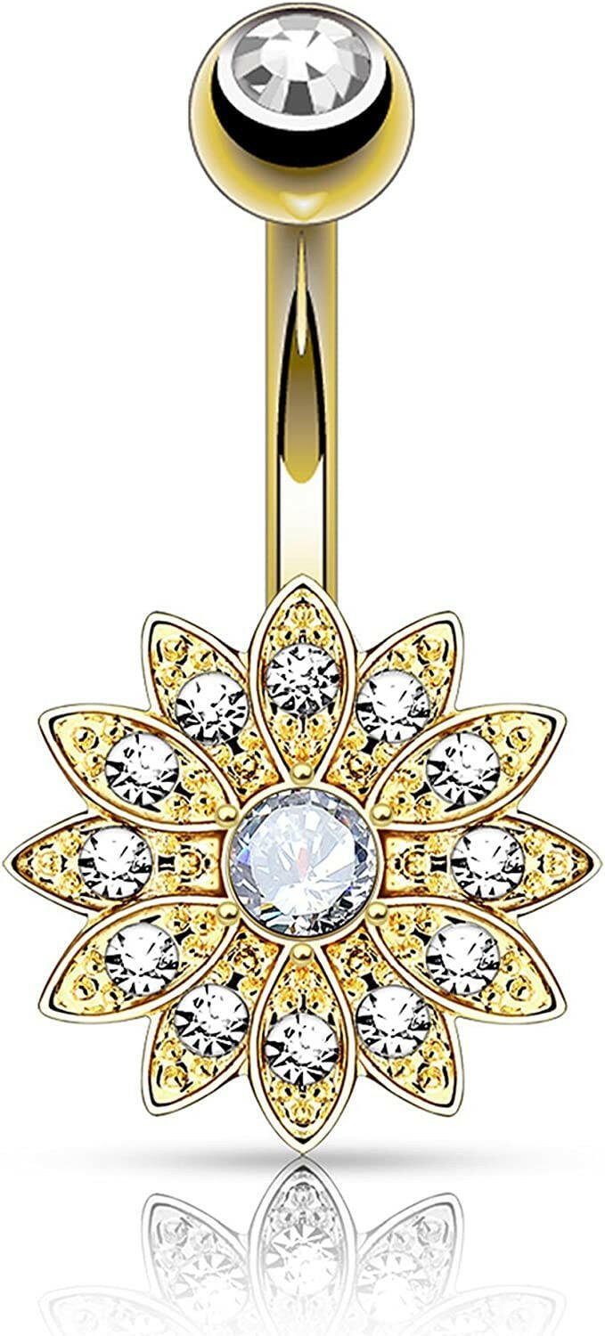 Surgical Steel Petite Crystal Paved Flower with Crystal Center Belly Navel Ring Navel Ring Impulse Piercings Gold