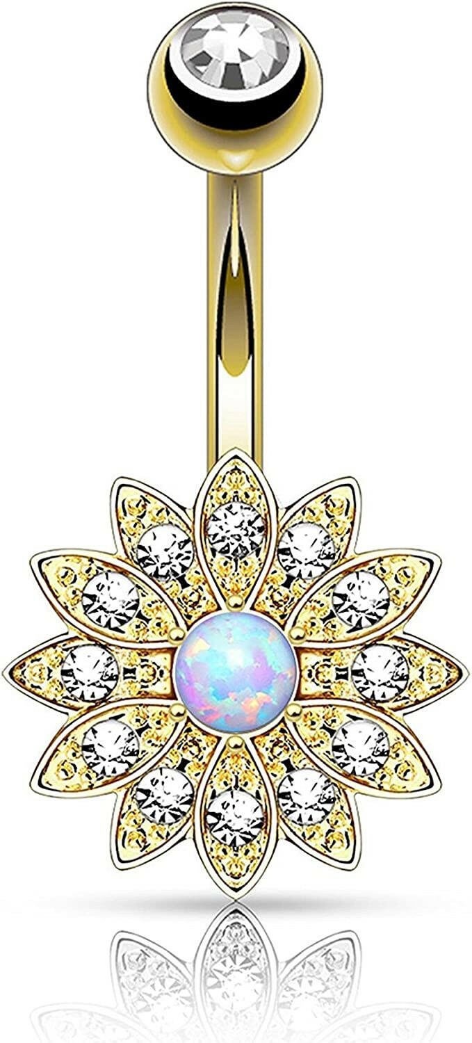 Surgical Steel Petite Crystal Paved Flower with Opal Center Belly Navel Ring Navel Ring Impulse Piercings Gold