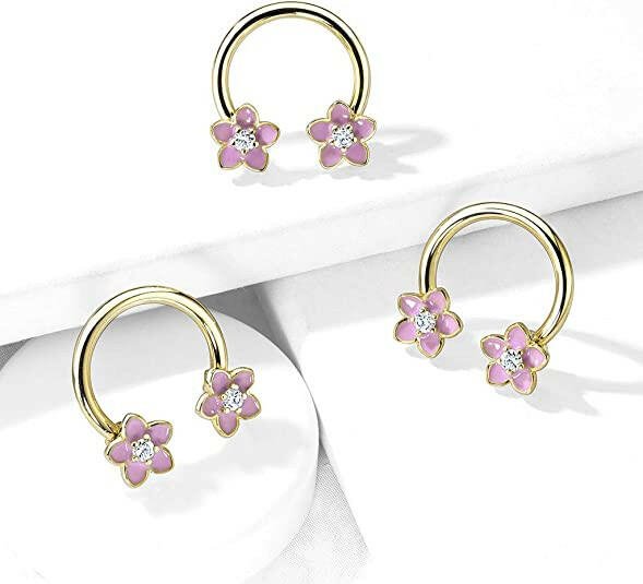 Surgical Steel Pink Enamel Flower With CZ Center Circular Horseshoe Circular Barbell Impulse Piercings