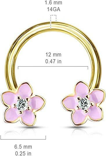 Surgical Steel Pink Enamel Flower With CZ Center Circular Horseshoe Circular Barbell Impulse Piercings