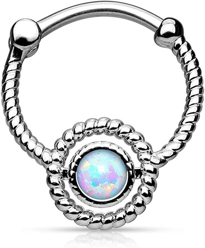 Surgical Steel Roped Circle with Single Opal Round Septum Clicker Septum Ring Impulse Piercings Steel