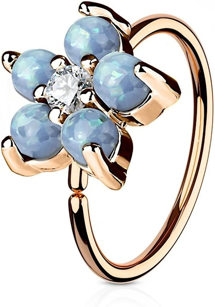 Surgical Steel Rose Gold IP Plated Opal Glitter Flower Petals CZ Center Hoop Ring for Nose and Ear Cartilage Nose Ring, cartilage ring Impulse Piercings Aqua
